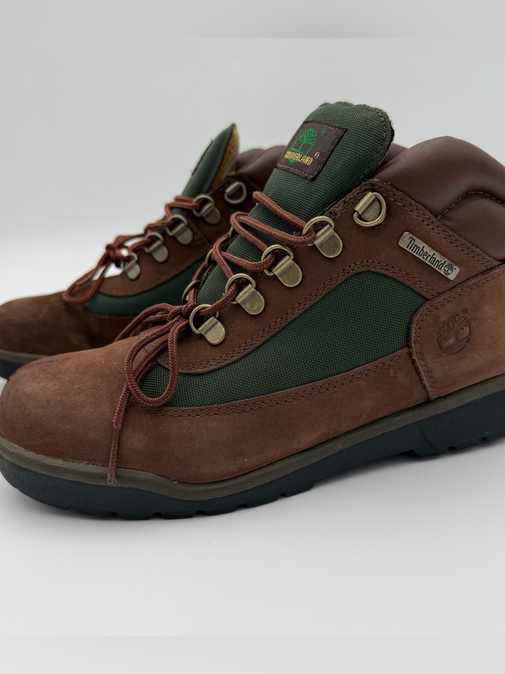 Timberland Brown Green Mid Hiking Boots Boys 6 Women’s 7.5 Gorpcore